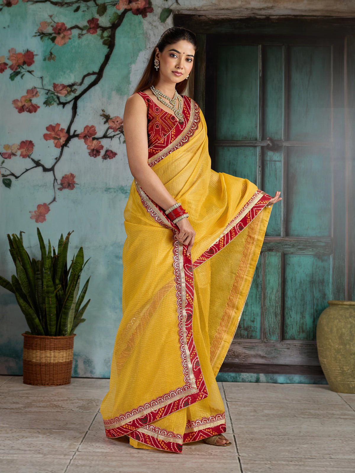 KcPc New One Embroidery Bandhani Border Kota Doria Saree SWA