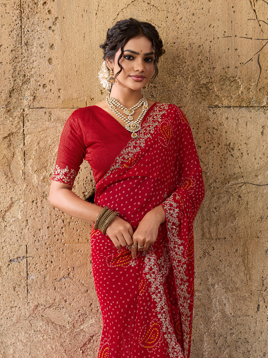 Handmade Pitta Aari Work saree in red colour