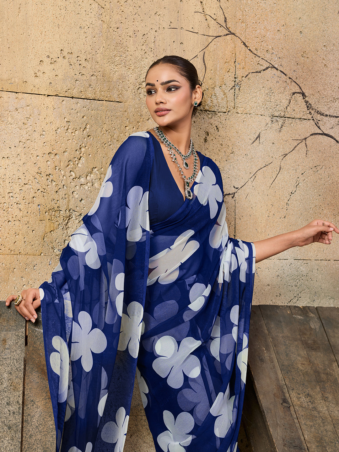 Georgette Flower Printed Style Saree in blue colour under 1000