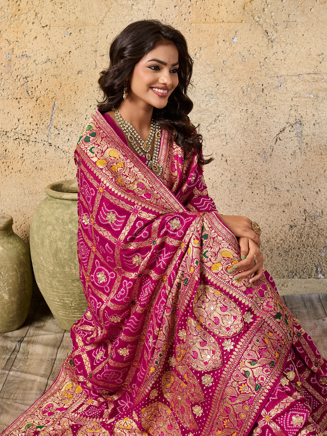 Georgette Gharchola Bandhej Cutdana Gotapatti Work Saree