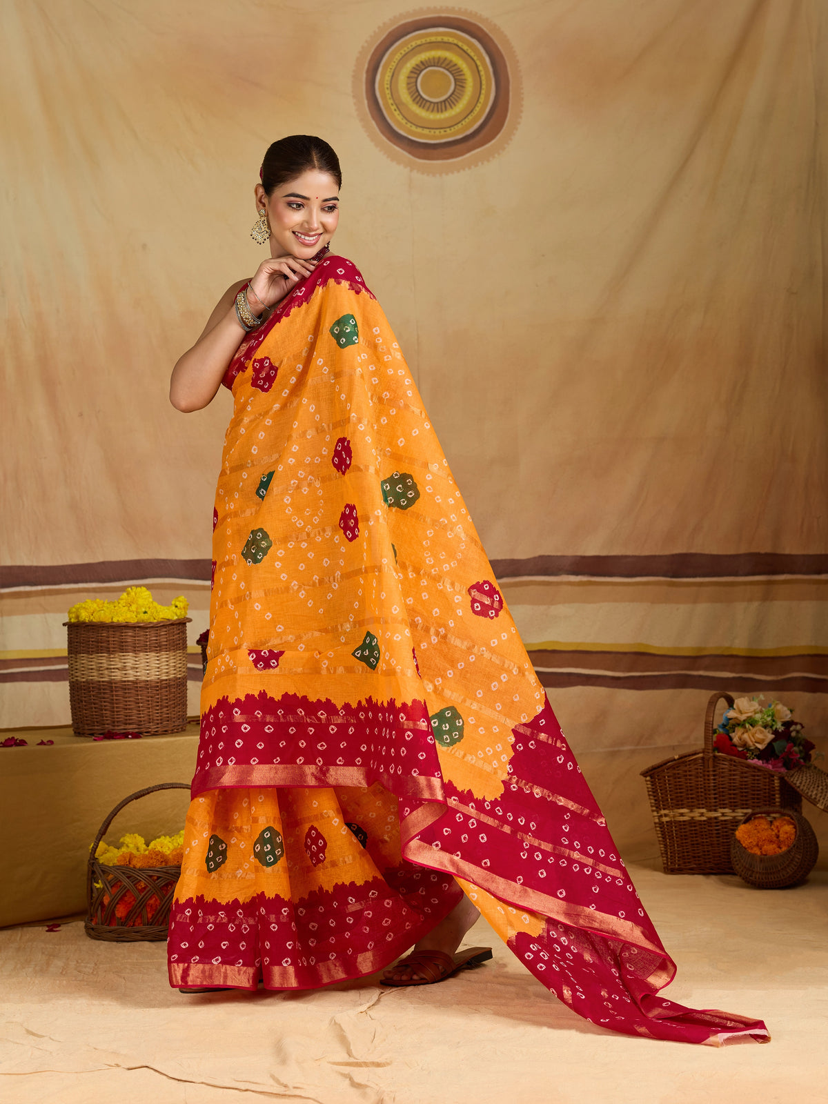 KcPc New Elegant Cotton Ghatchola Saree with Bikaneri Bandhej Work KC