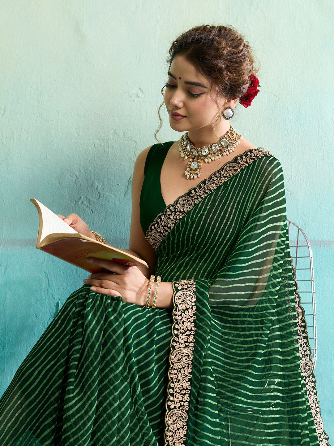 KcPc New Beautiful Georgette Leheriya Style With Embroidery Border Work Saree STL
