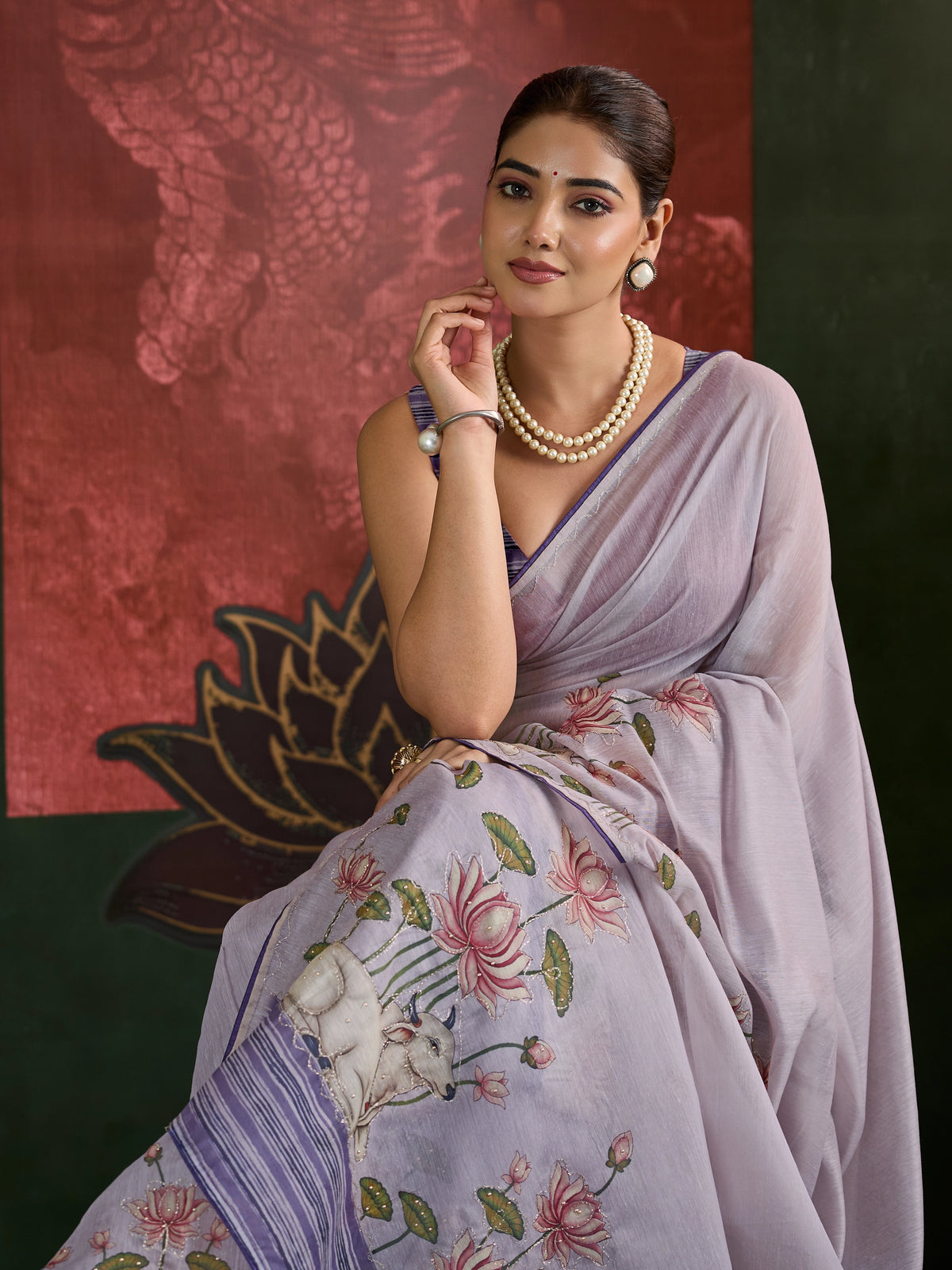 KcPc Premium Cotton Silk Kalamkari Saree with Stone WorkGAN