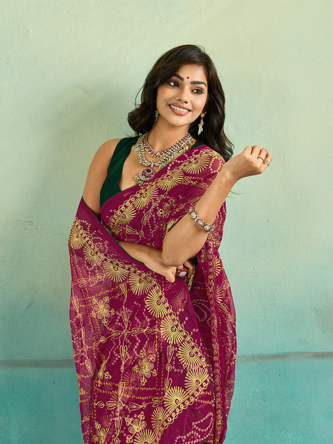 KcPc Designer Rajwari Style Chiffon Saree with Aari EmbellishmentSNI