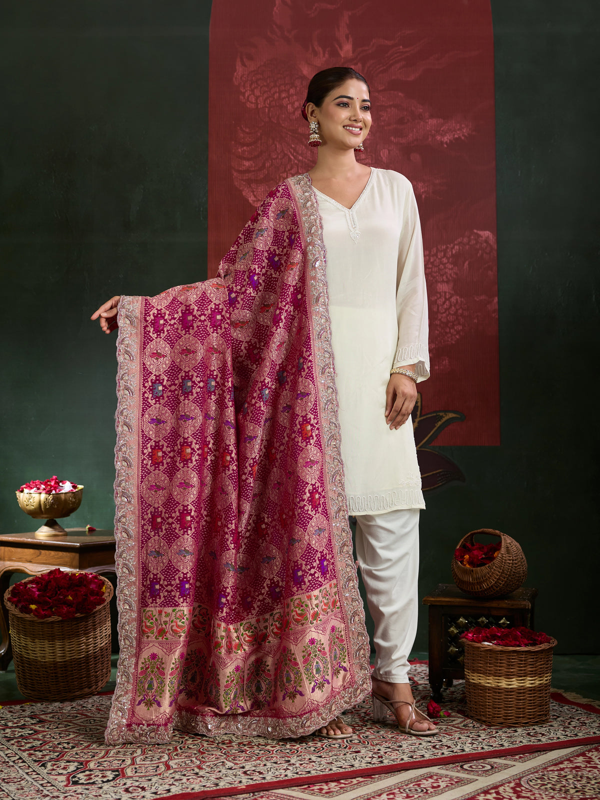 KcPc New Khaddi Georgette Embroidery Heavy Border Work Dupatta TUF