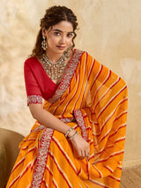 By New Beautiful Chiffon Leheriya Style With Embroidery Border Work Saree