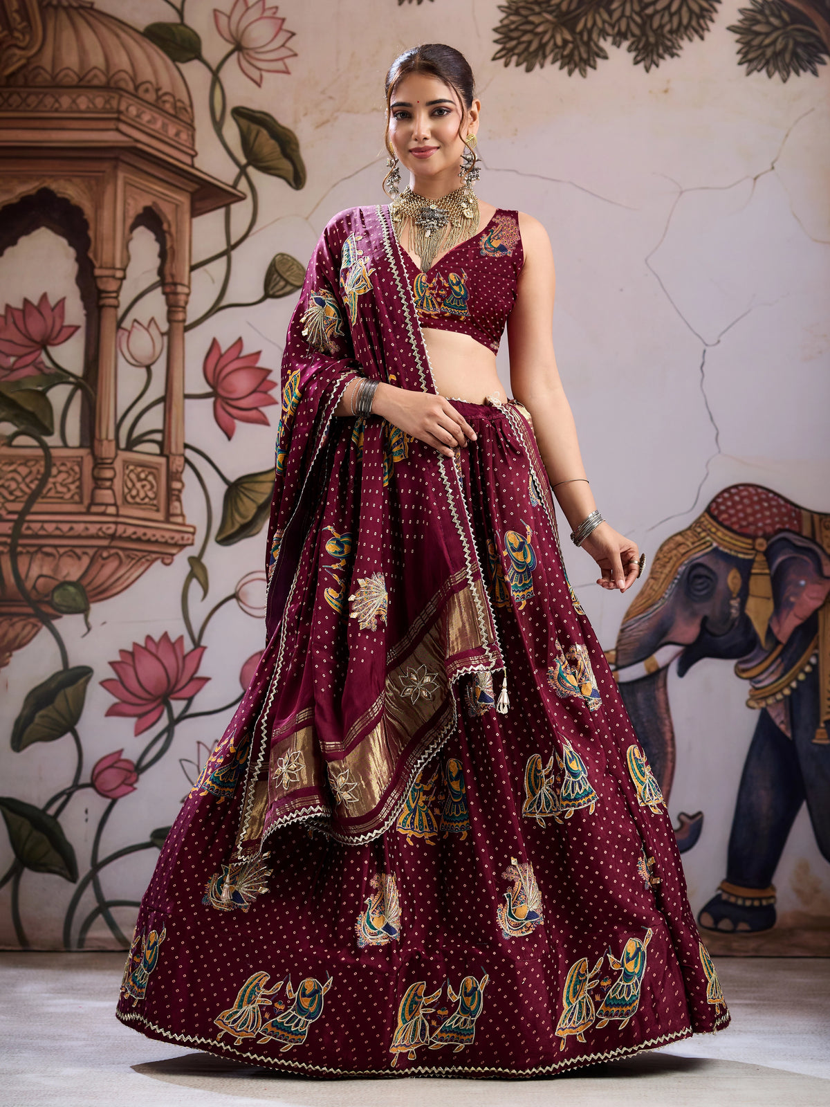KcPc Gaji Silk Kalamkari Lehenga with Gotapatti WorkGOURI