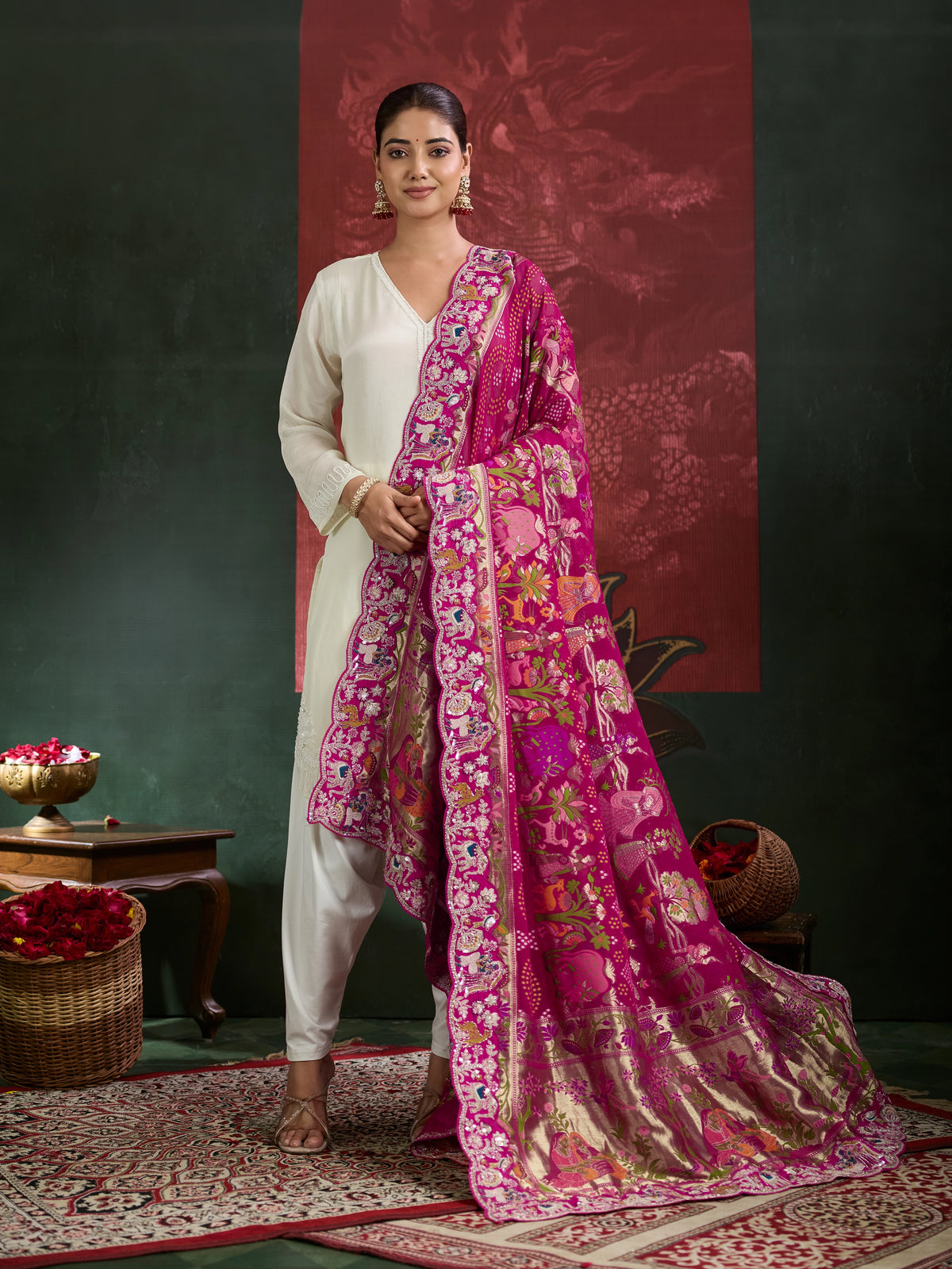 KcPc Latest Khaddi Georgette kalamkari Style Wth Embroidery Work Dupatta TUF
