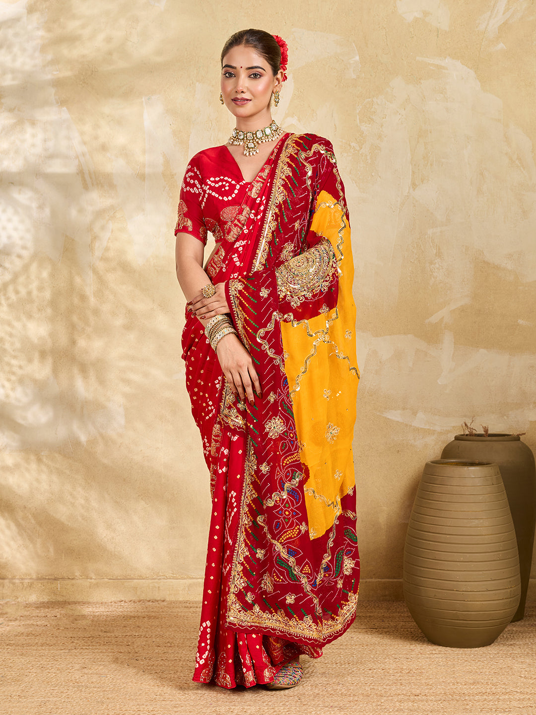 KcPc Pure Georgette Handmade Bandhej With Zari Thread Work Chunri (Pomcha)