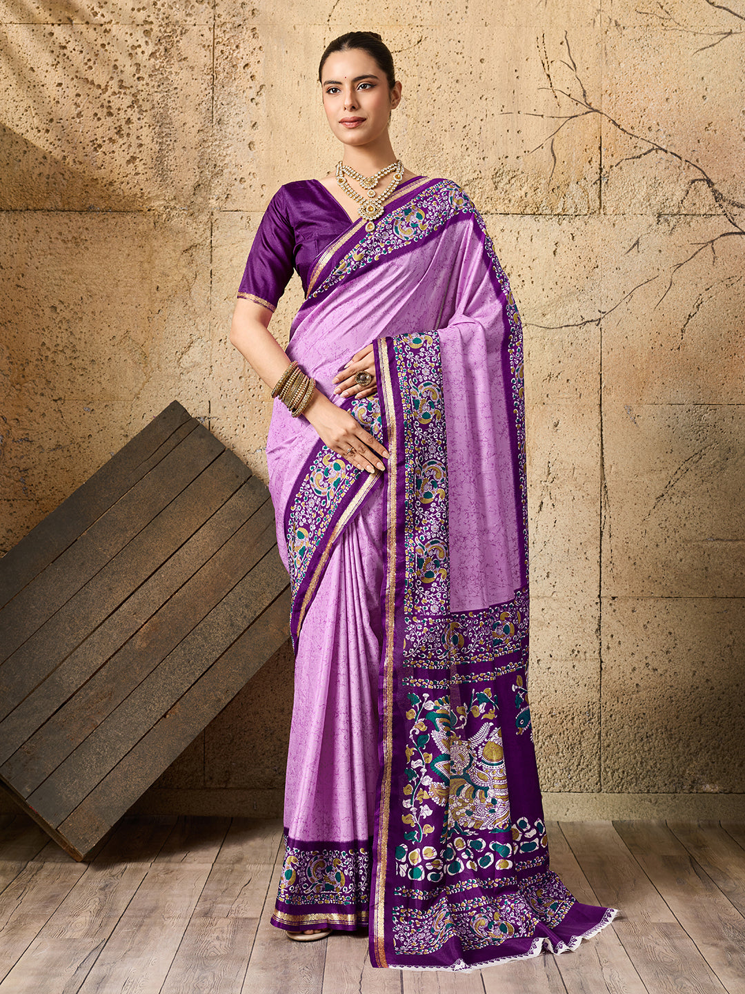 Silk Printed Style With Zari Border Work Saree in purple colour