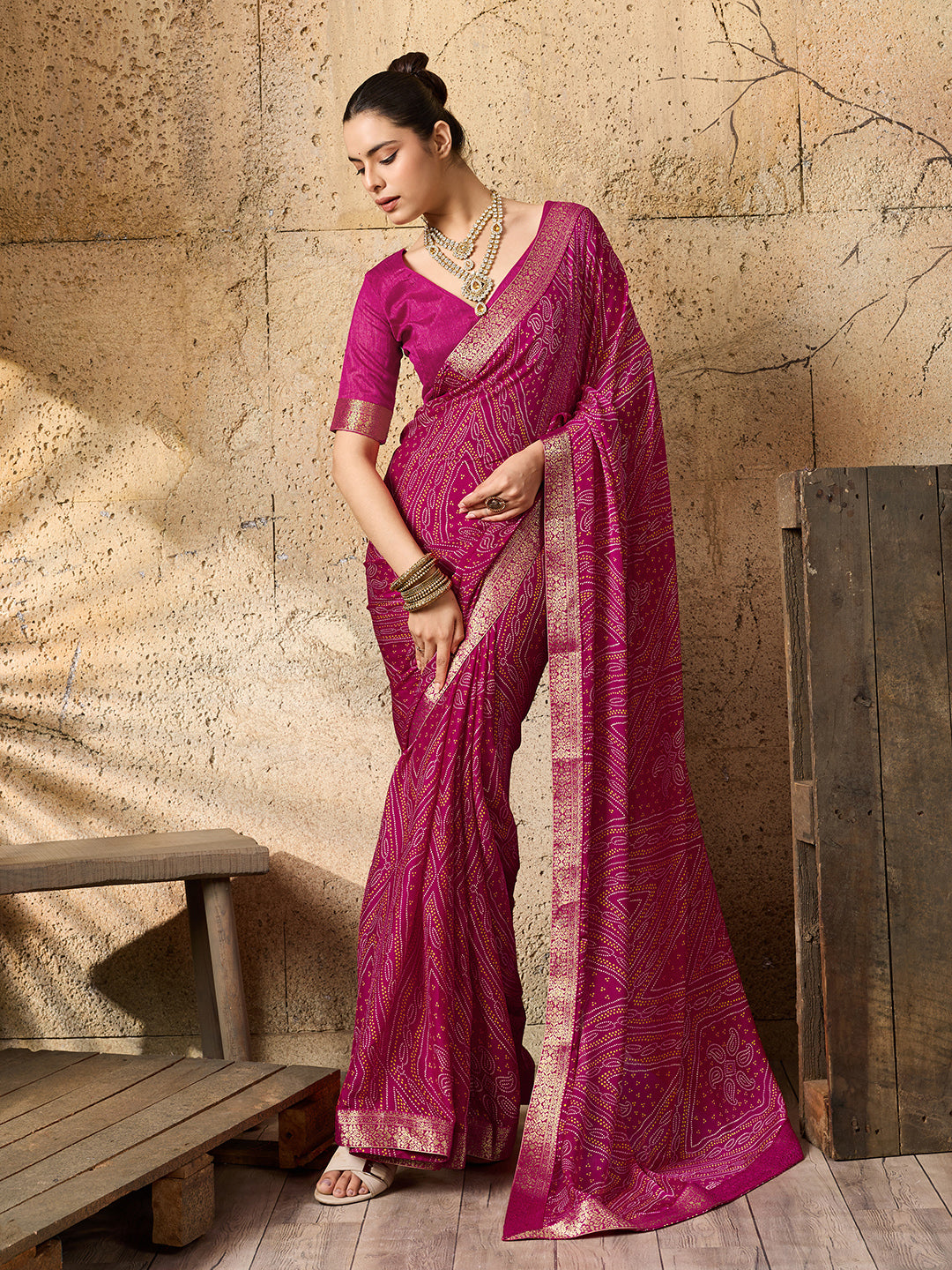 KcPc Beautiful Moss Chiffon Georgette Bandhani Sarees RaniKDM