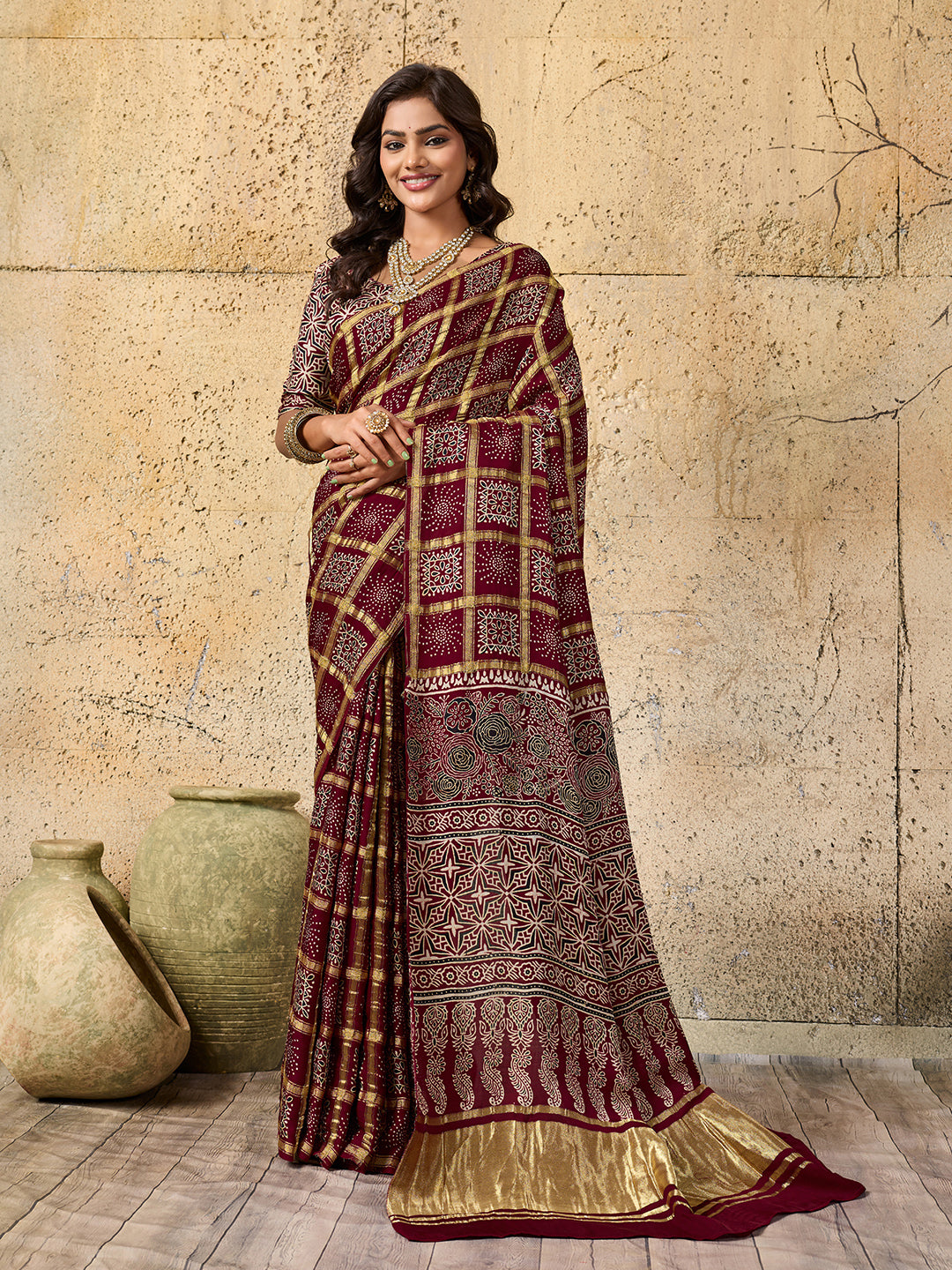 By Ajrakh saree With Traditional Wear