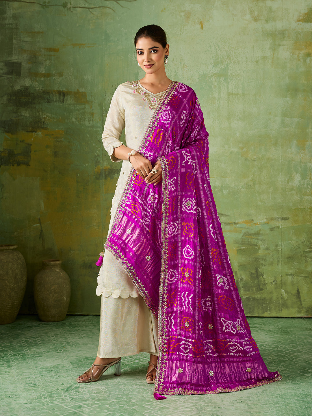 KcPc New Traditional Bandhani Style Gaji Silk Dupatta with Gota Patti WorkAMT