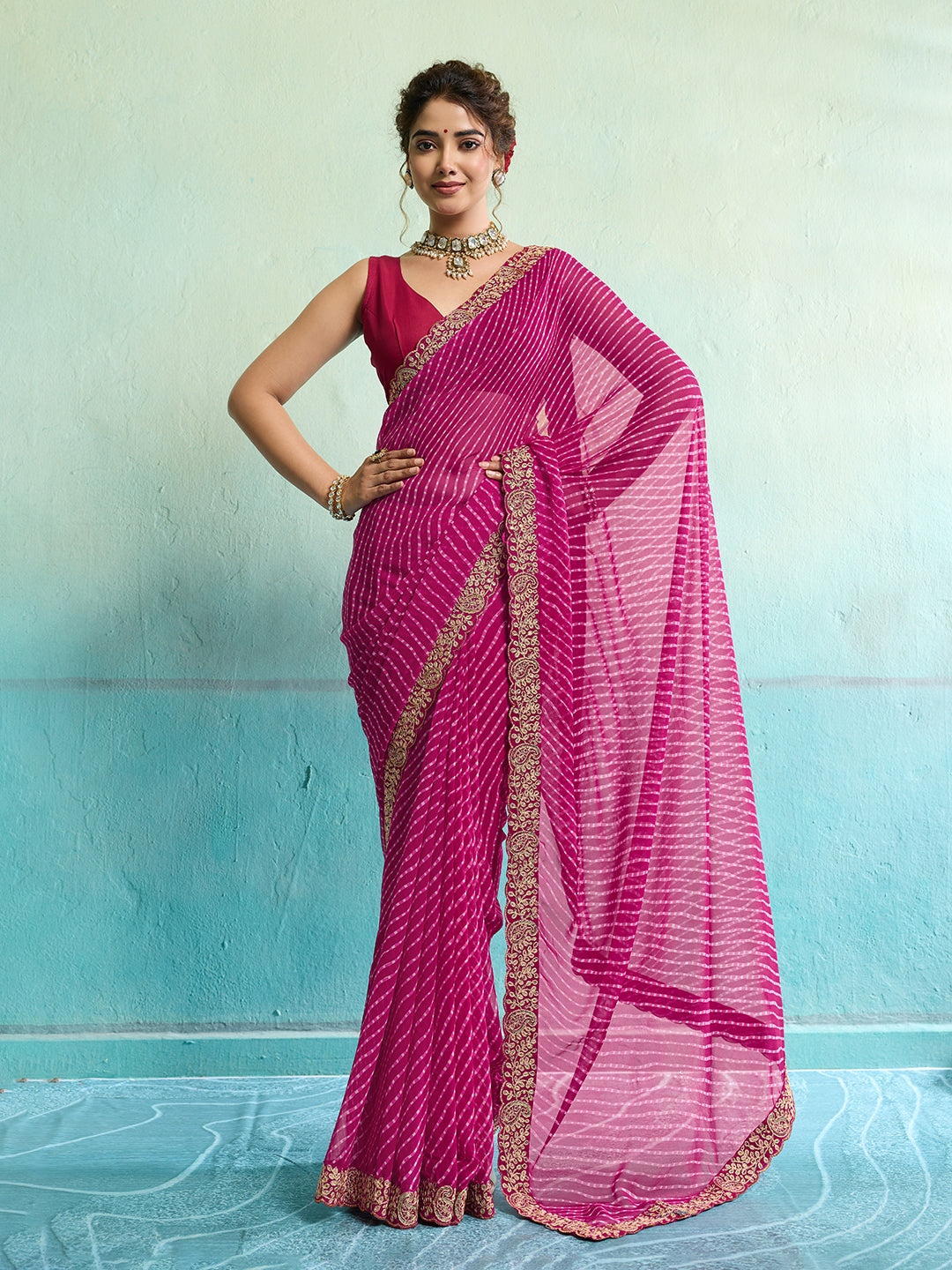 KcPc New Launch Georgette Leheriya Style With Embroidery Border Work Saree STL
