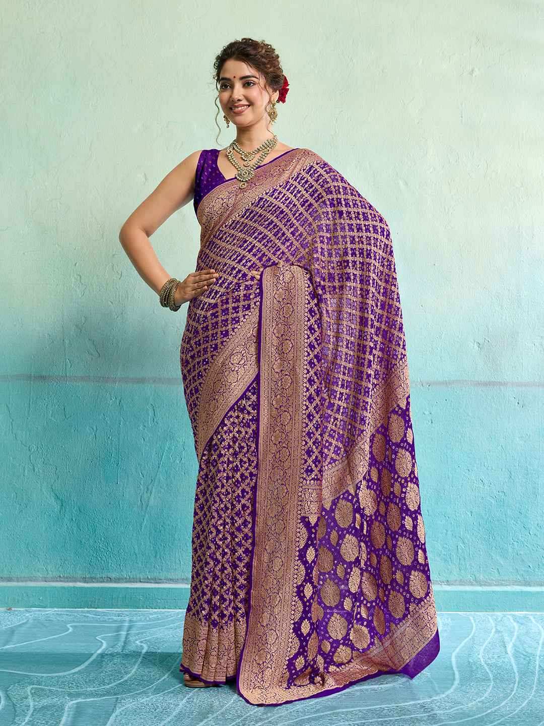KcPc New Launch Pure Khaddi Georgette Upada Neemzari Bandhej SareePurple