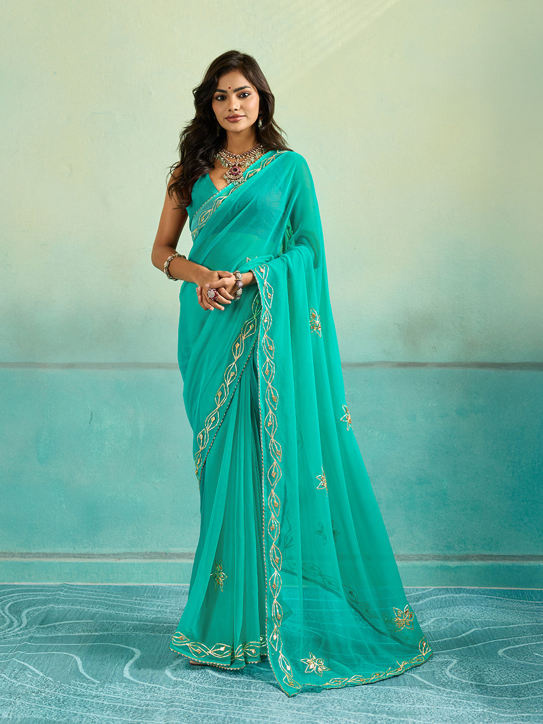 KcPc Latest Chiffon Bollywood Style Gotapatti Work Saree MHS