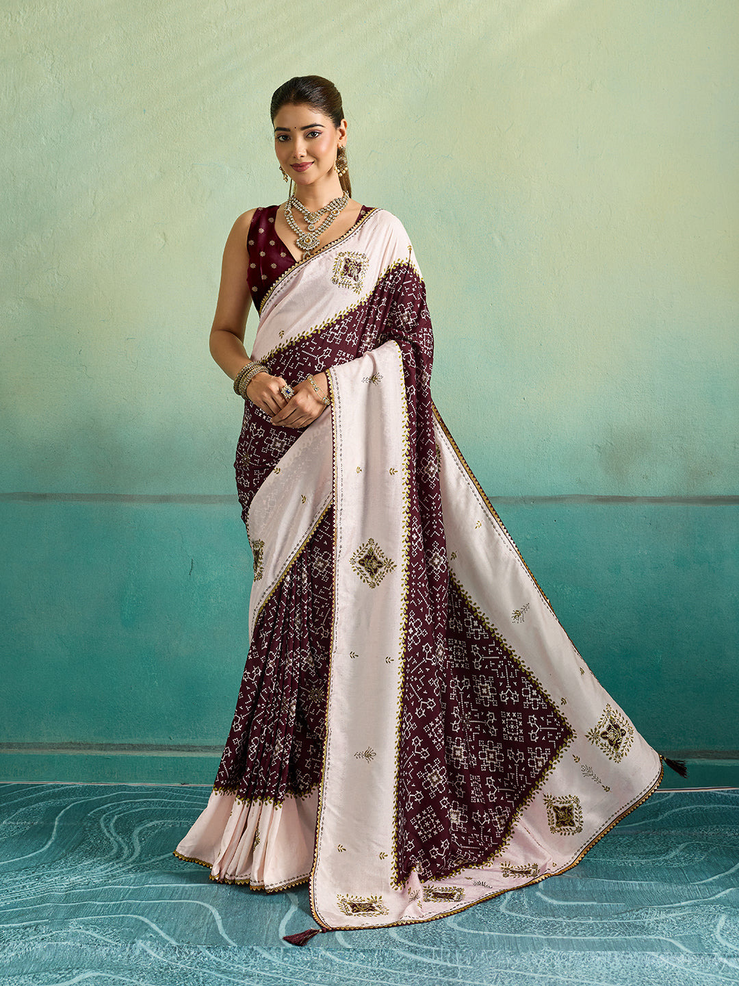 KcPc New Latest Creap Silk Ajrakh Style With Stone Work Saree STR
