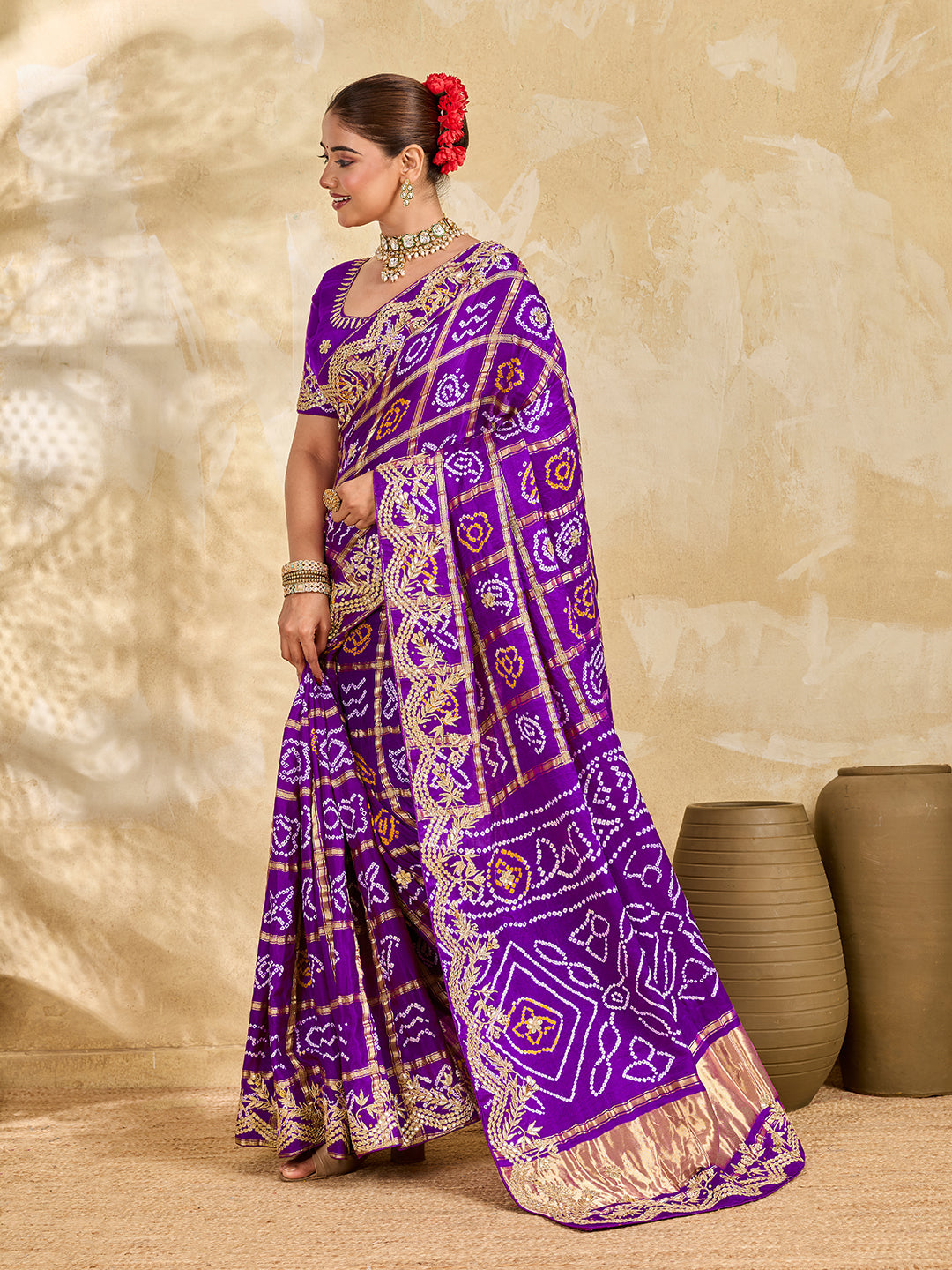 Buy Gaji Silk Saree With Bandhani Style Gota Patti Work KcPc