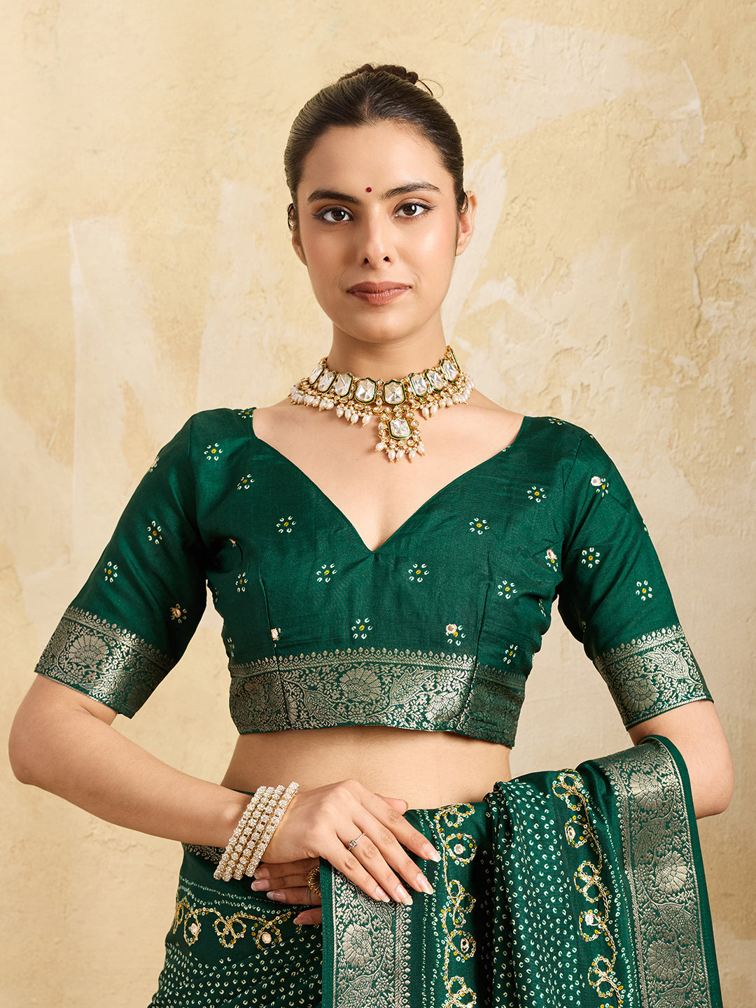 KcPc New Viscos Silk Bandhani Print Aari tari work Saree Green GAN