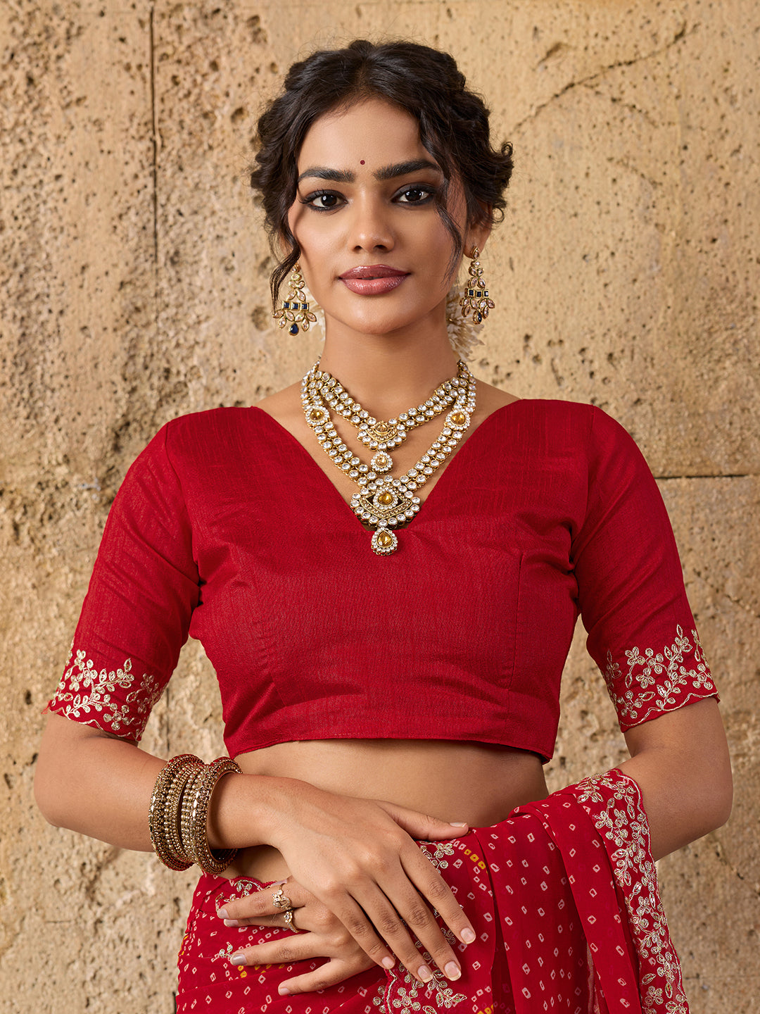 Handmade Pitta Aari Work saree in red colour
