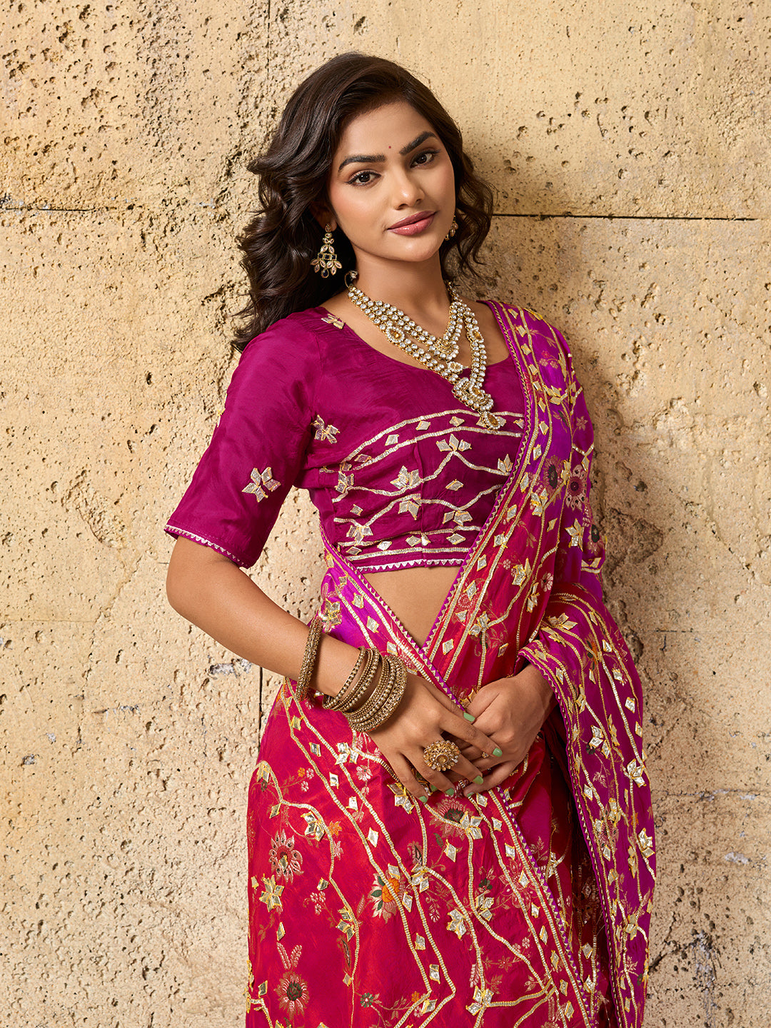 Meenakari Banarasi style saree in red colour