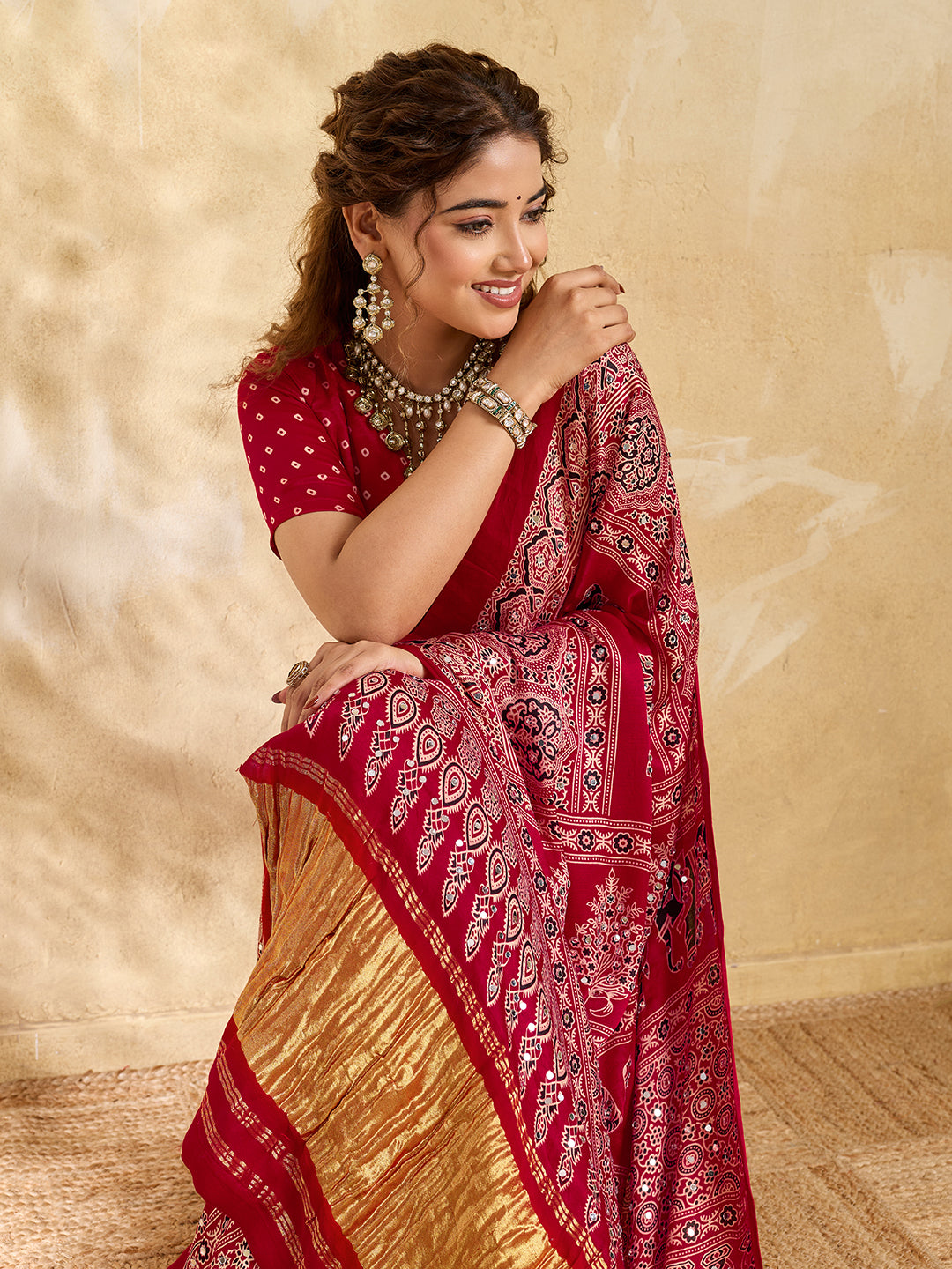 Buy Modal Silk Ajrakh Style With Mirror Work KcPc