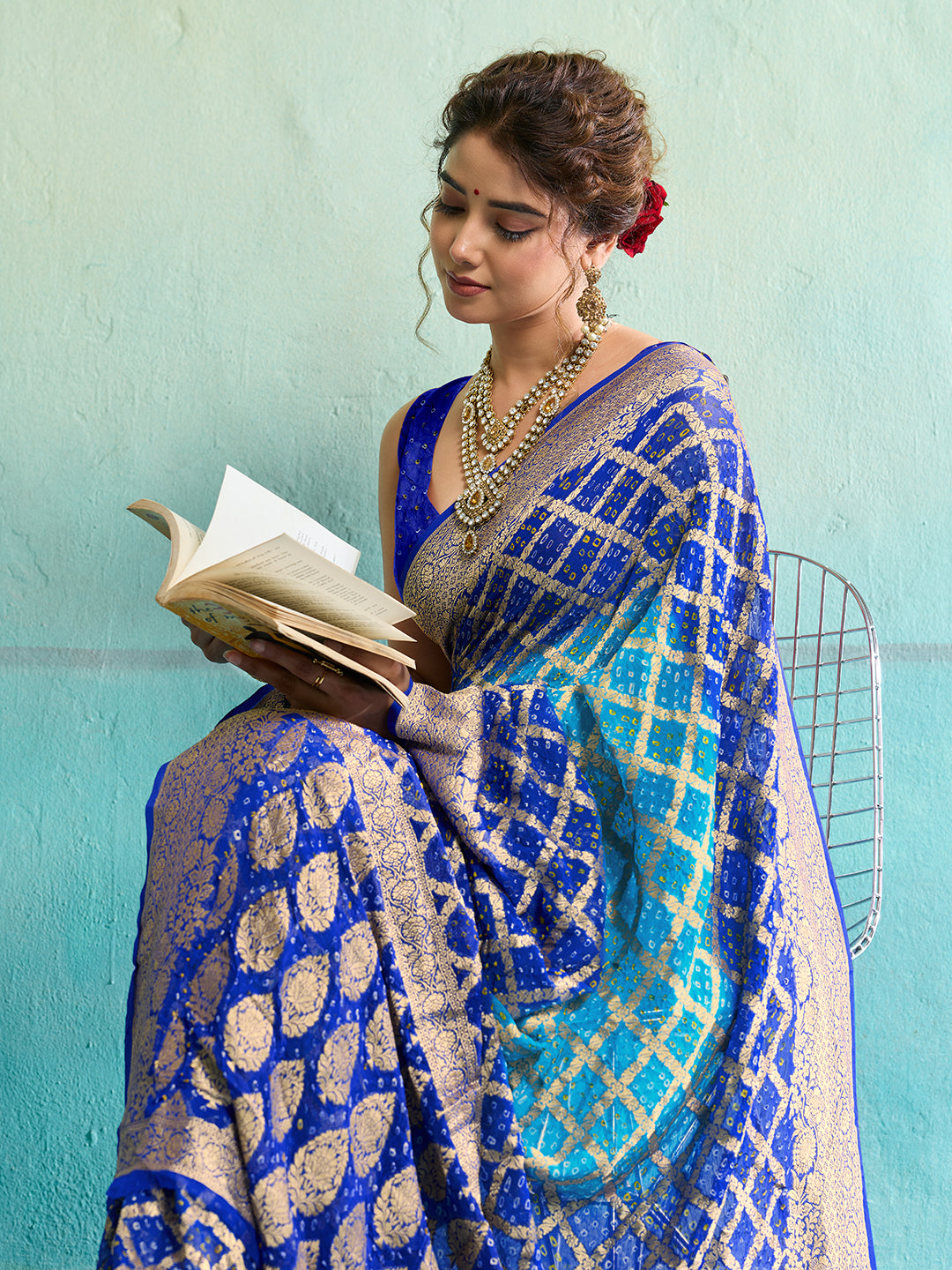 KcPc New Launch Pure Khaddi Georgette Upada Neemzari Bandhej SareeFirozi Blue