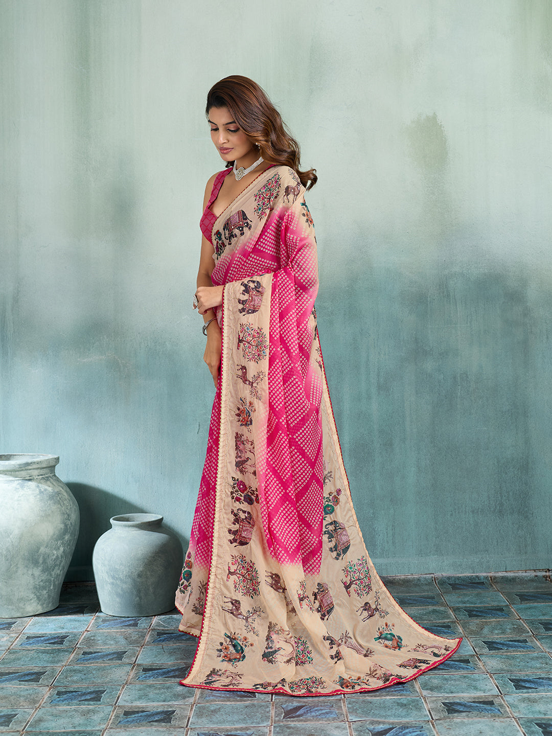 KcPc Premium Georgette Kalamkari Saree with Aari Tari Work GAN