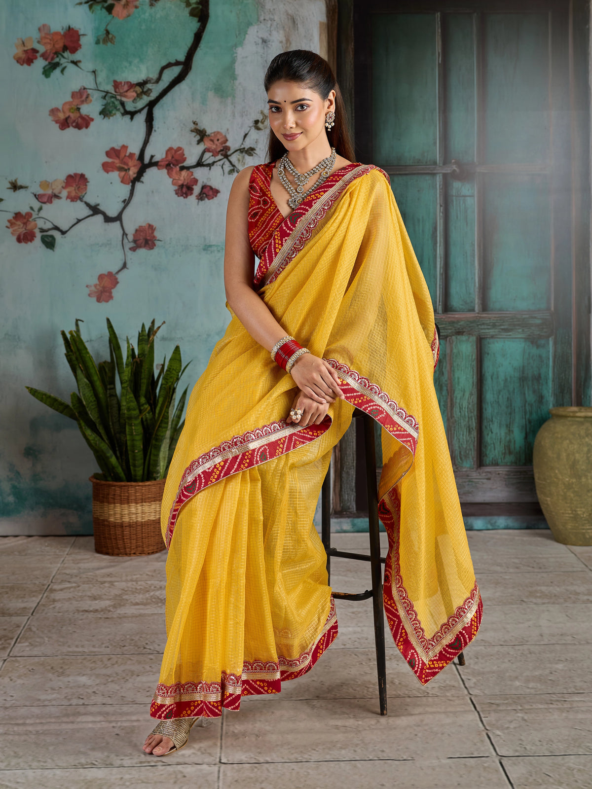 KcPc New One Embroidery Bandhani Border Kota Doria Saree SWA