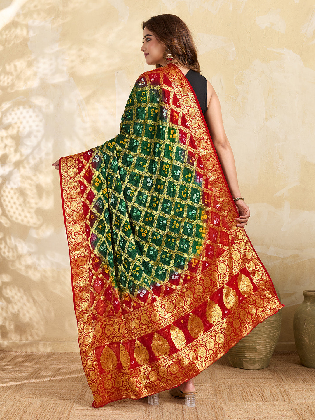 KcPc Jacquard Silk Bandhani Dupatta with Handmade Work