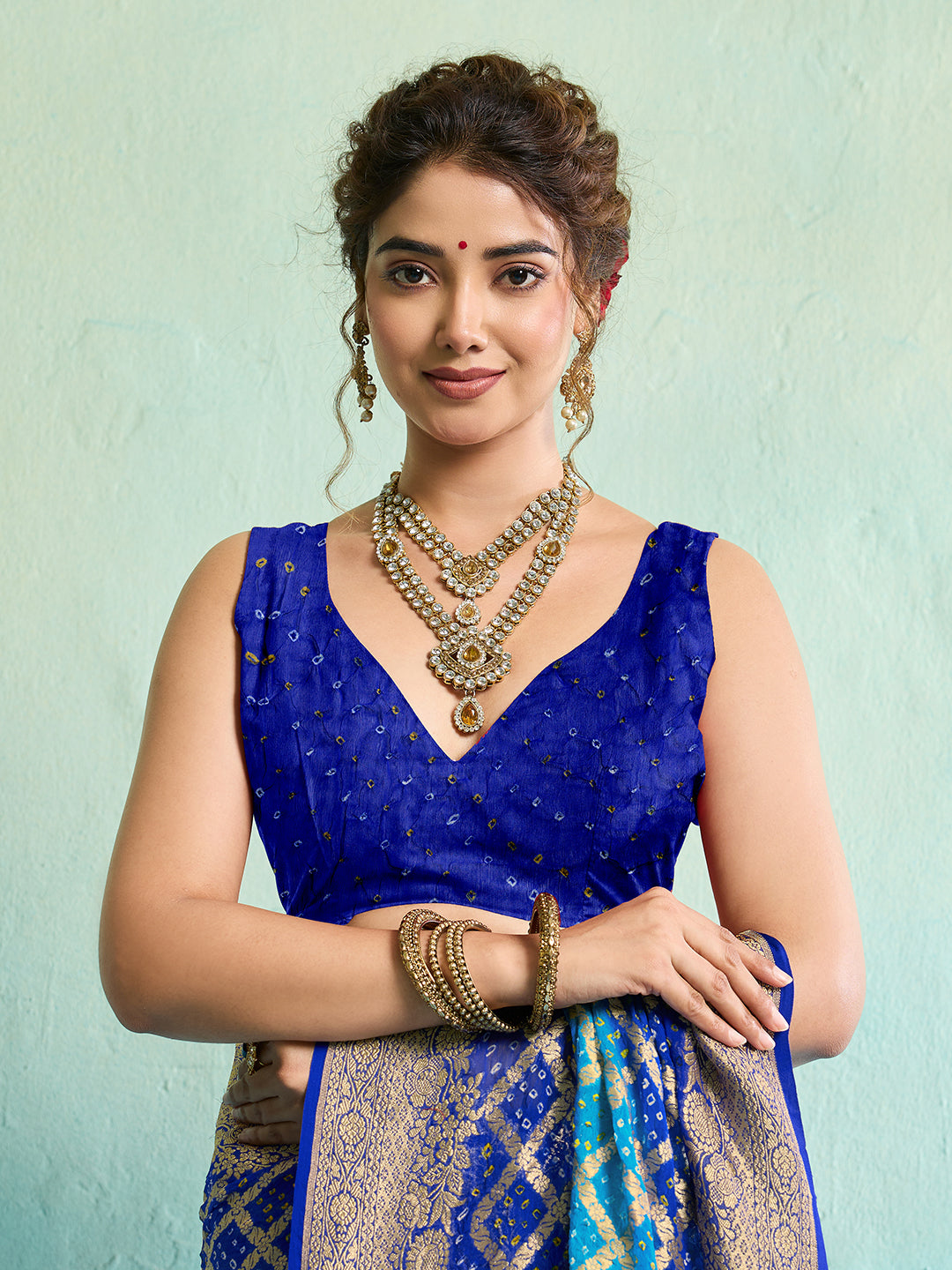 KcPc New Launch Pure Khaddi Georgette Upada Neemzari Bandhej SareeFirozi Blue