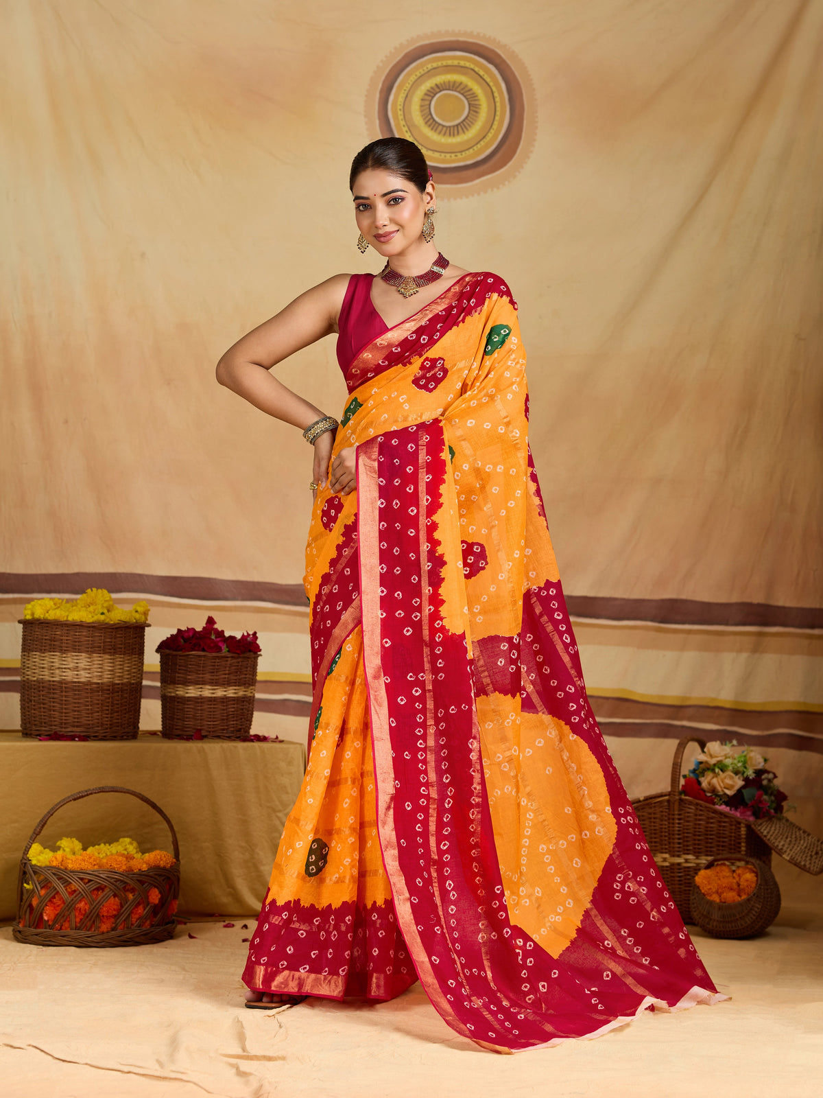 KcPc New Elegant Cotton Ghatchola Saree with Bikaneri Bandhej Work KC