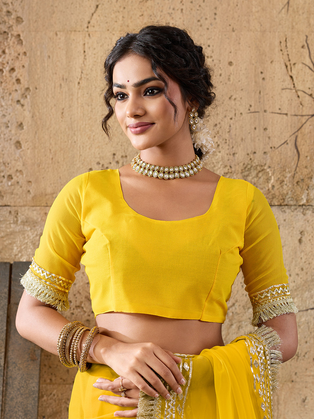 Buy Festive Wear Pure Georgette Saree with Gota Patti work in yellow colour