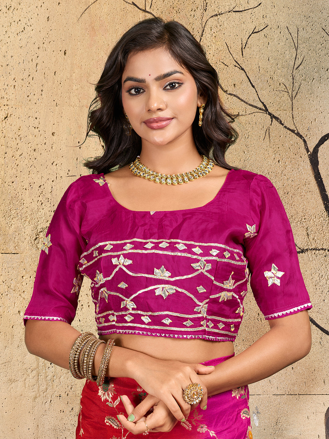 Meenakari Banarasi style saree in red colour