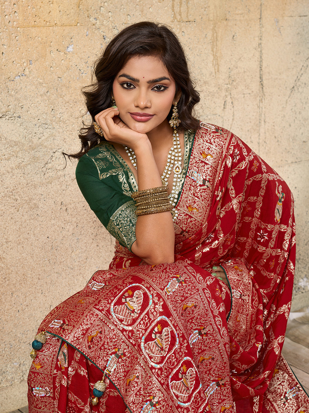 KcPc Designer Rajwadi style Gharchola Bandhej Sarees red pdm