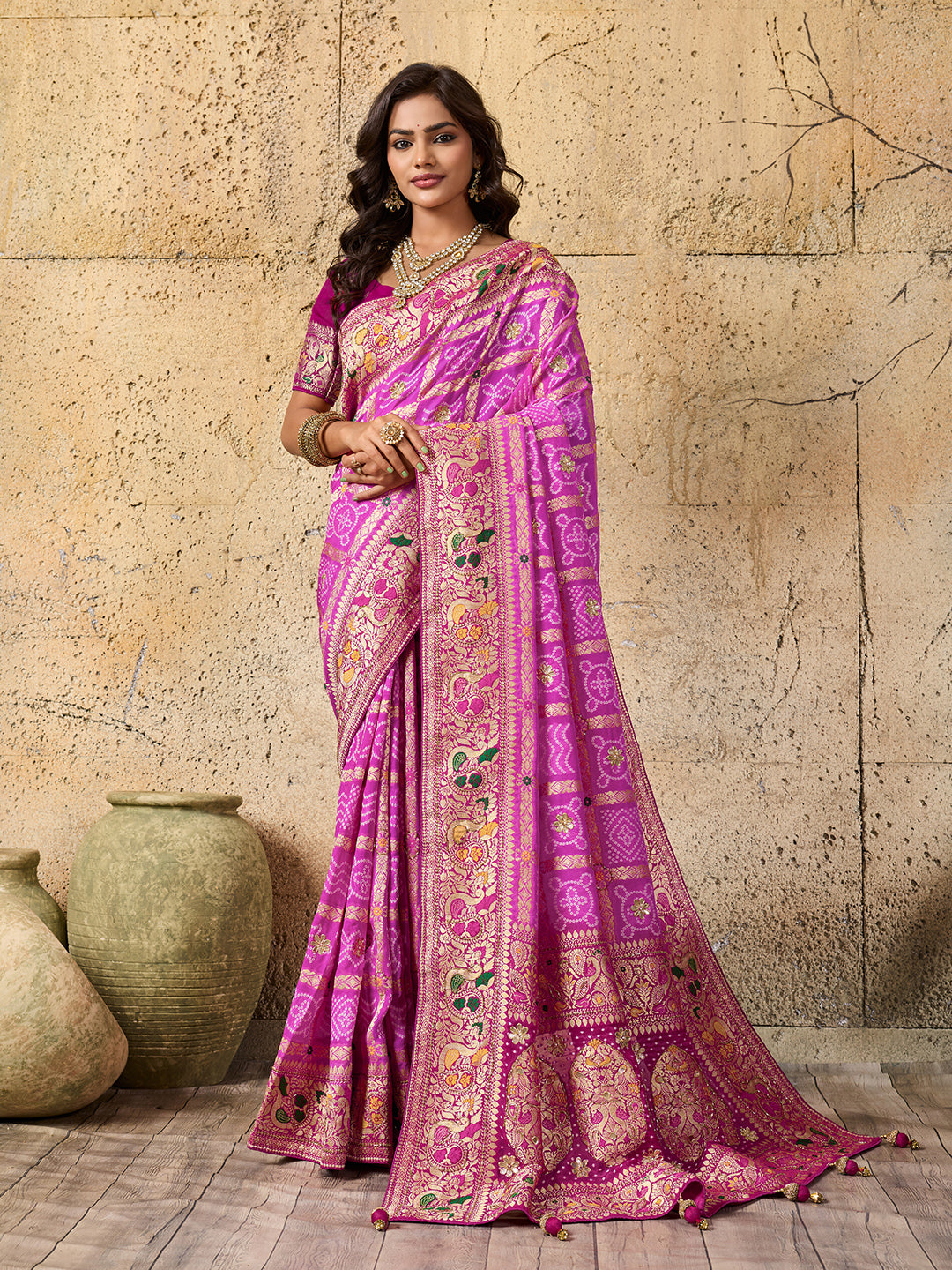Georgette Gharchola Bandhej Cutdana Gotapatti Work Saree