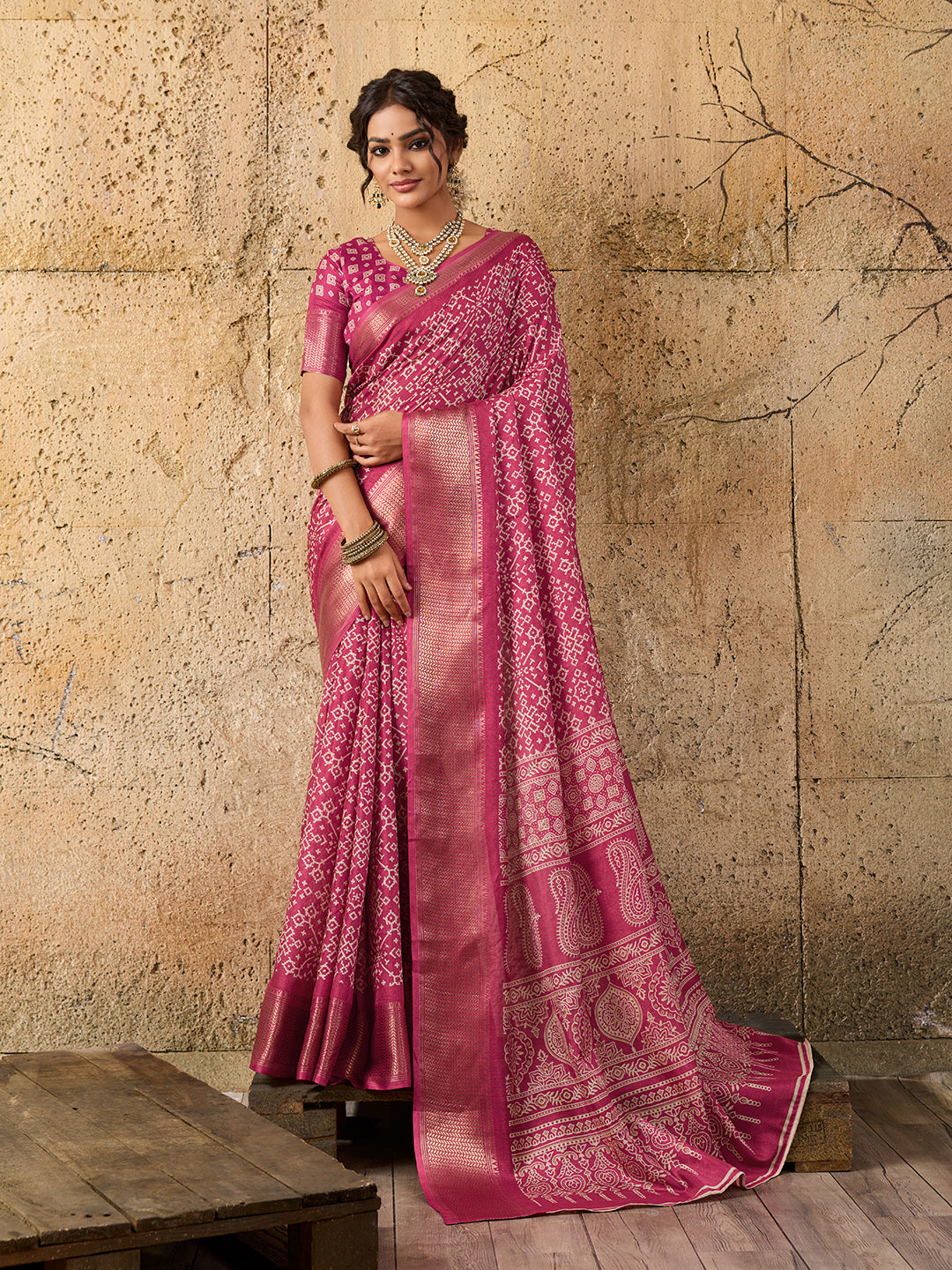 KcPc New Special Cotton silk Ajrakh style With Ajrakh HandPrint Work Saree STL