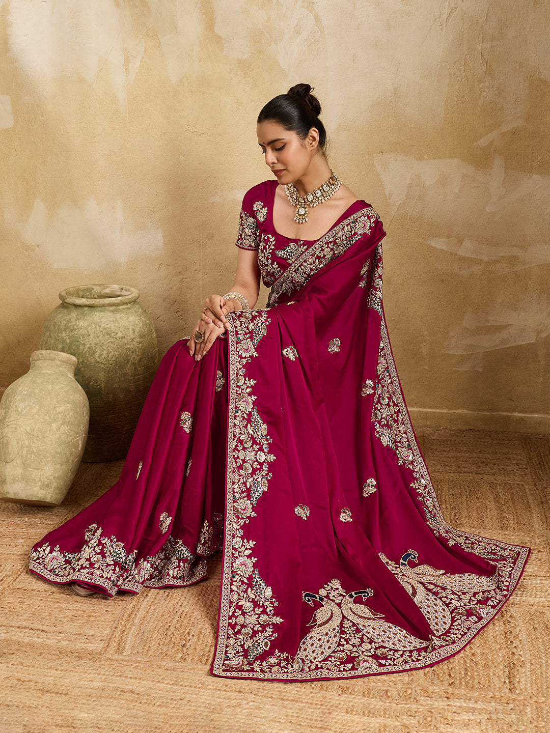Buy Gaji Silk Saree with Heavy Embroidery Work Kcpc
