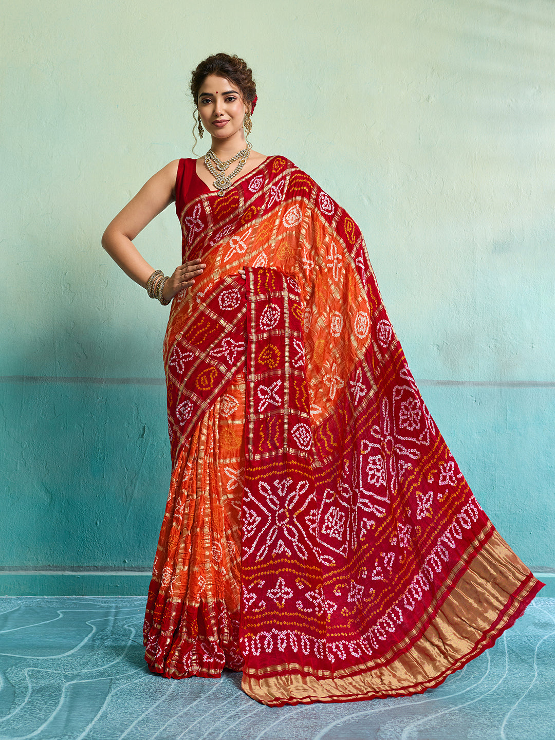 KcPc New Lounch Pure Gaji Silk Bandhani Ghatchola SareeOrange Red