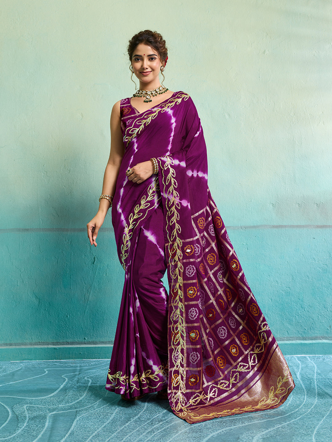 KcPc Beautiful Bandhani Style Dola Silk Saree with Gotapatti Work Saree GAN