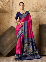 a pink and navy Silk Printed Style With Zari Border Work Saree