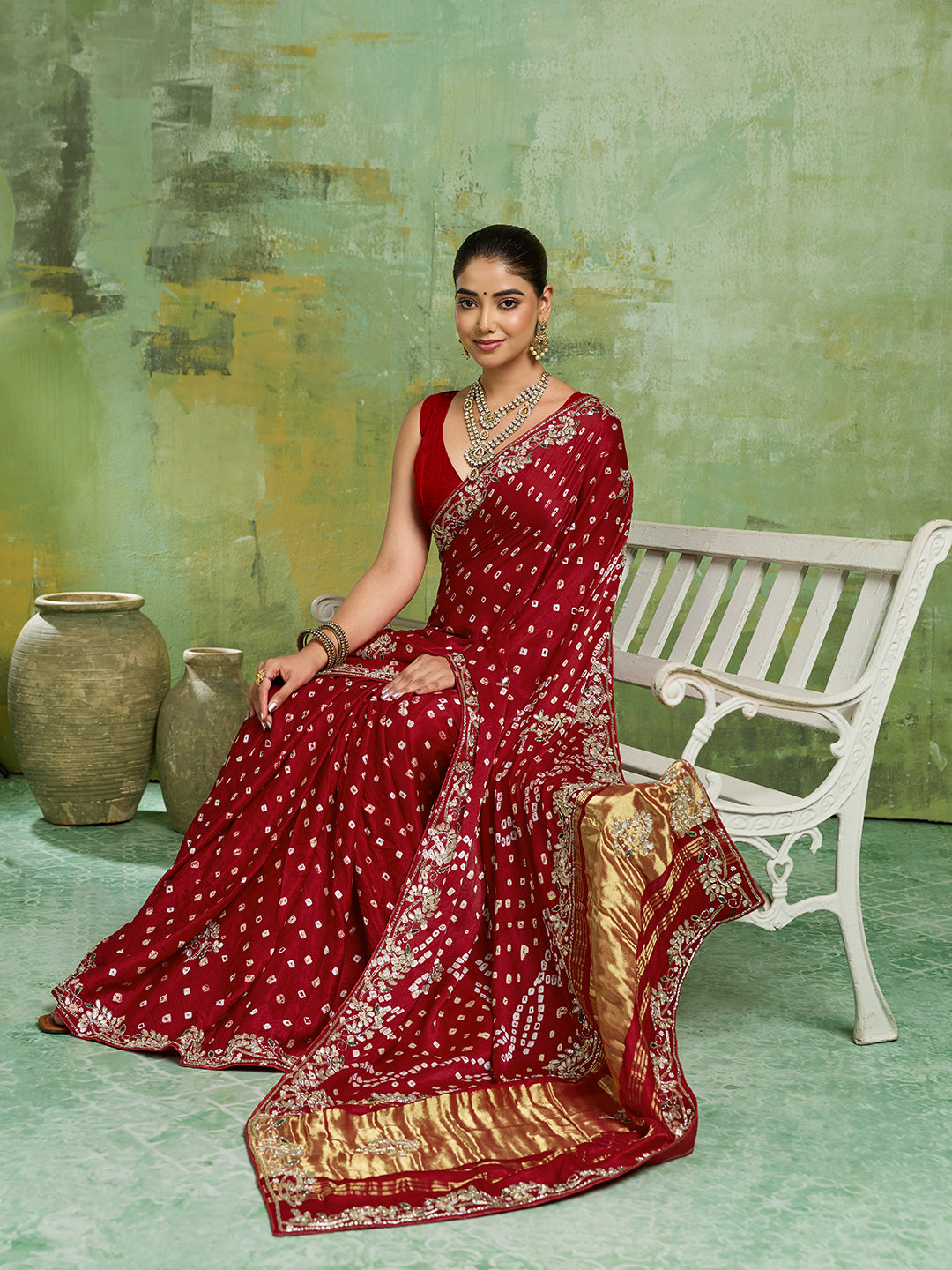 KcPc Special Bridal Gaji Silk Handmade Bandhej Saree With Gota Patti WorkSAM