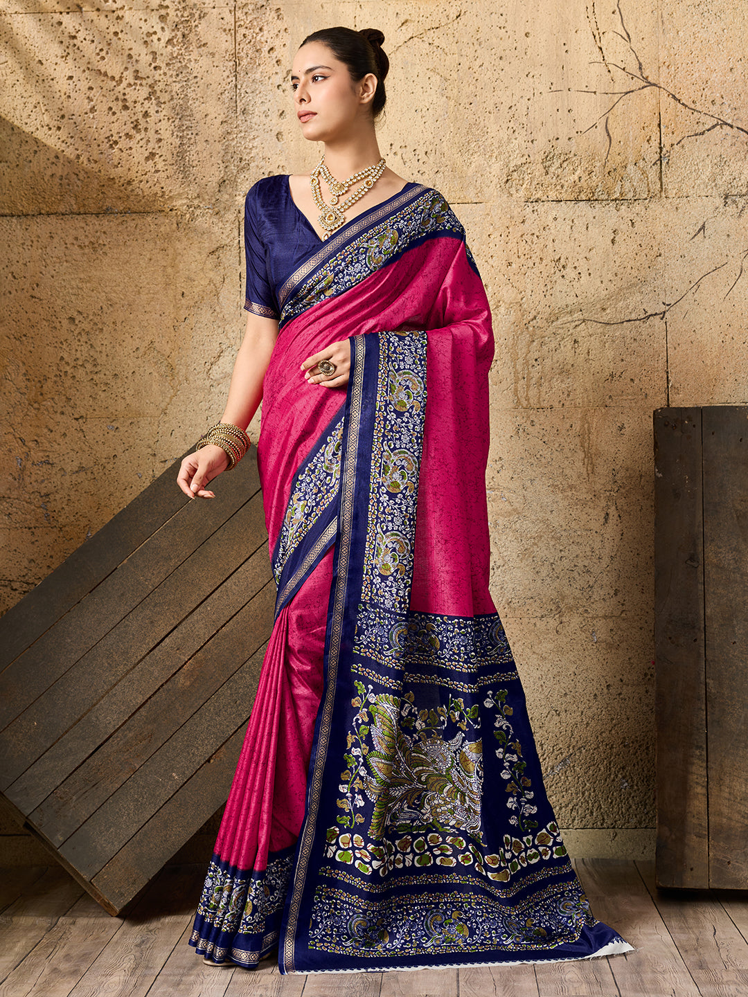 a pink and navy Silk Printed Style With Zari Border Work Saree