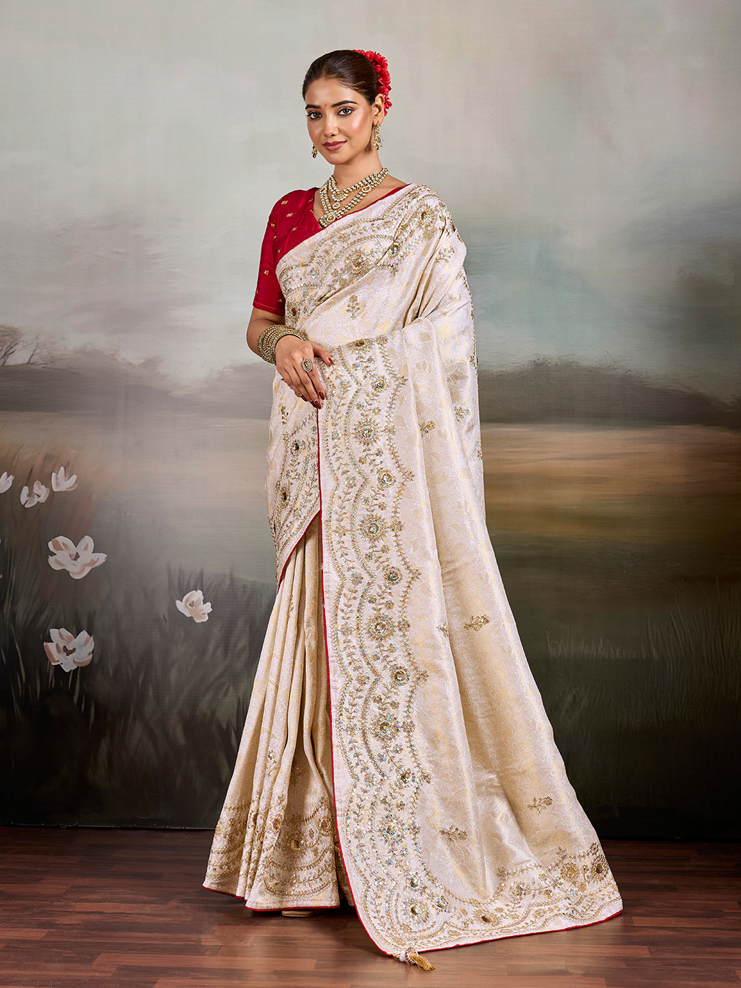 Buy Designer Saree with Embroidery Tari Work Kcpc Image 1