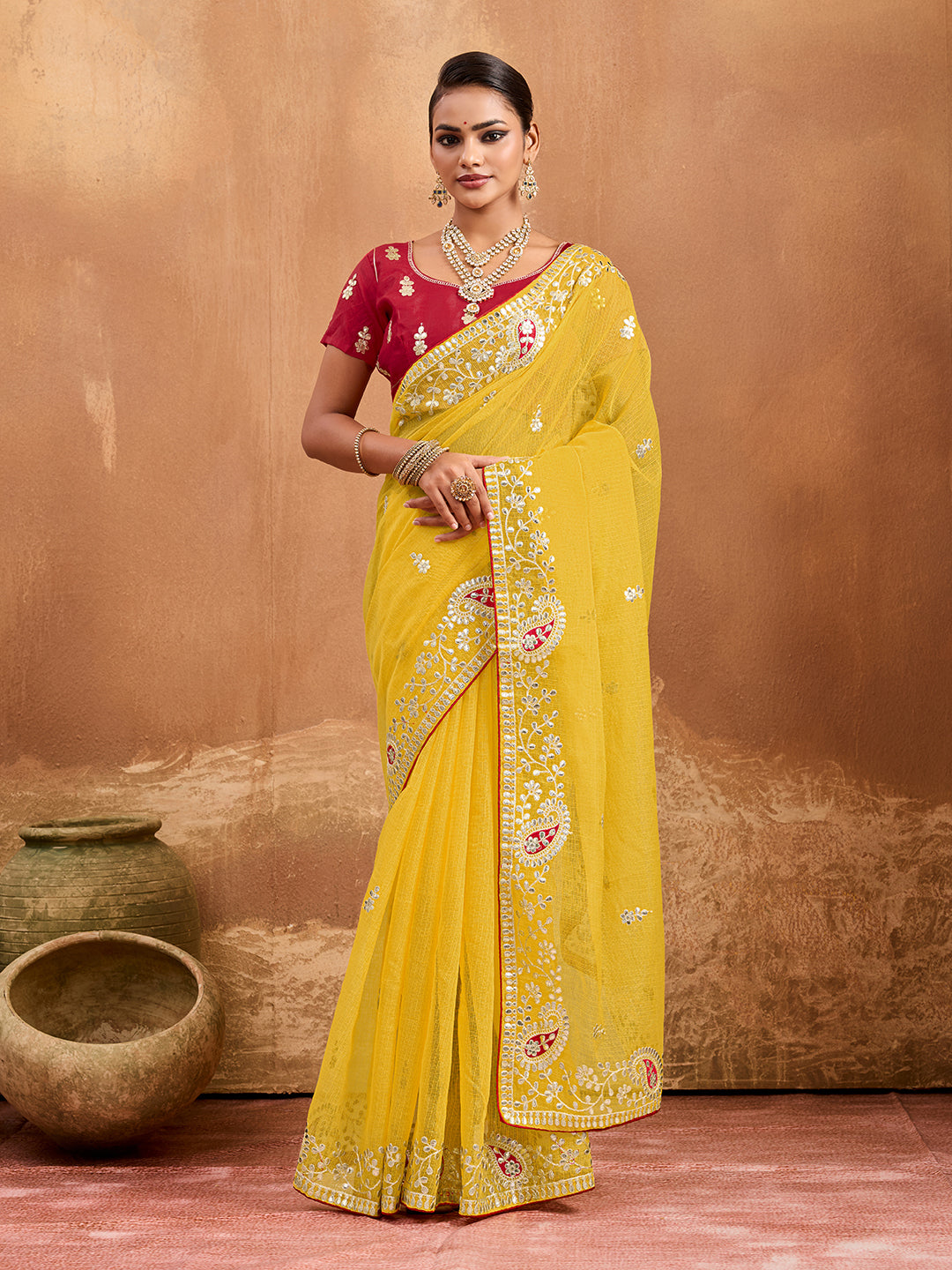 Bikaneri Kota Doria saree in yellow color