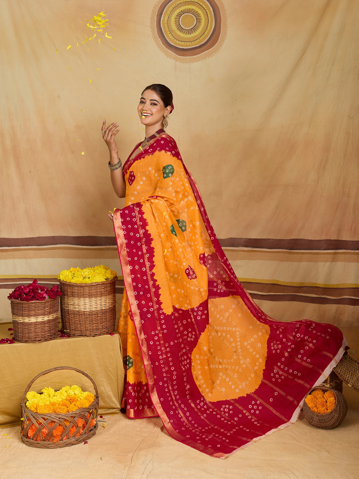 KcPc New Elegant Cotton Ghatchola Saree with Bikaneri Bandhej Work KC