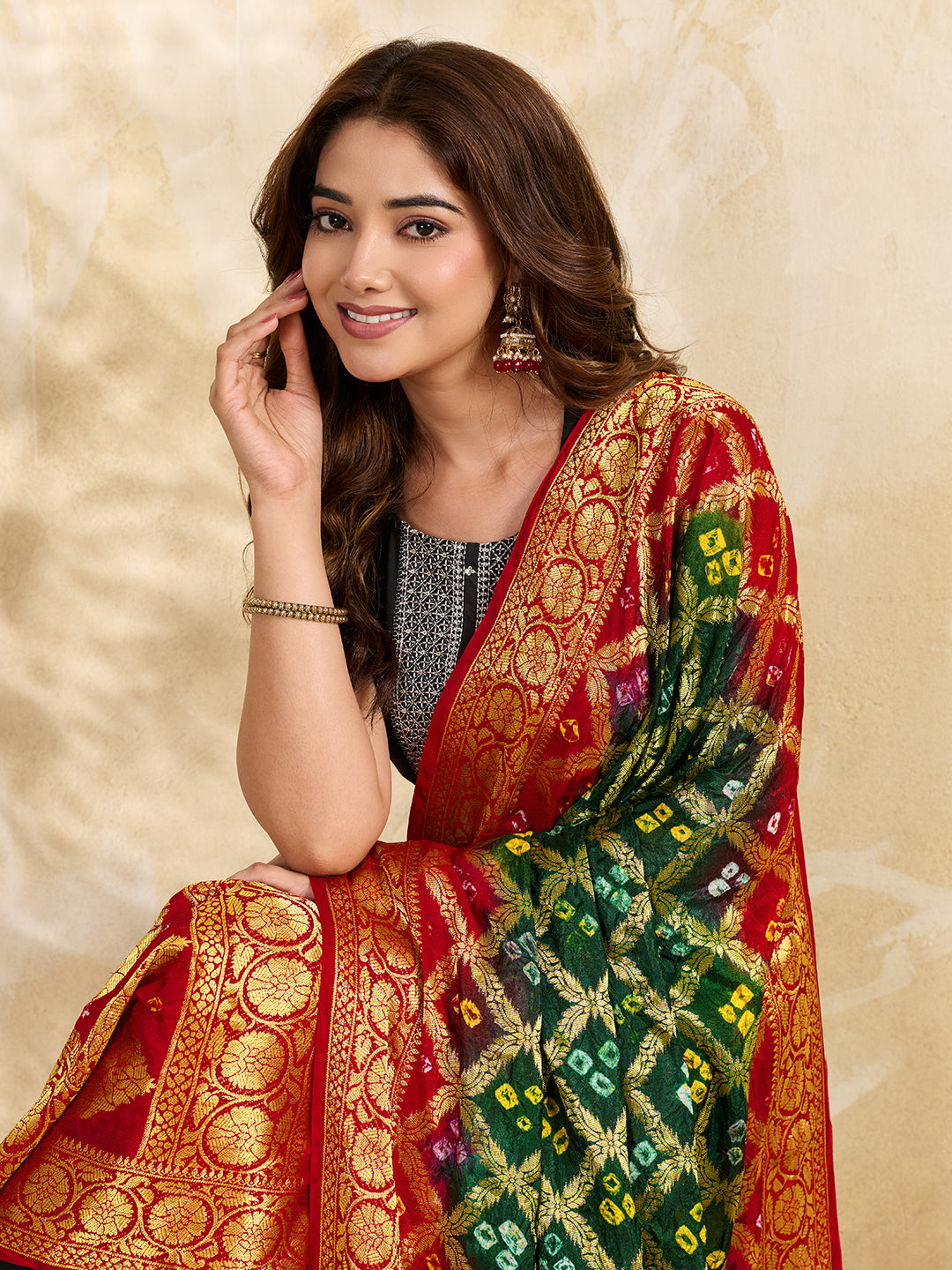 KcPc Jacquard Silk Bandhani Dupatta with Handmade Work