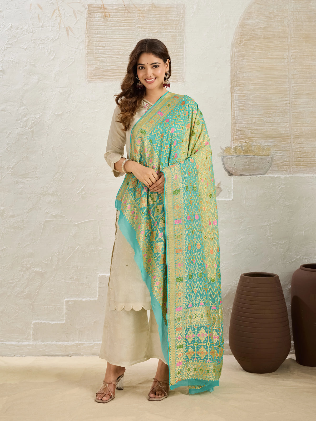 KcPc Pure Khaddi Georgette Meenakari Neemzari Bandhej Dupatta