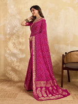 KcPc New Gaji Silk Bandhani Saree with Zari Border WorkSATISH