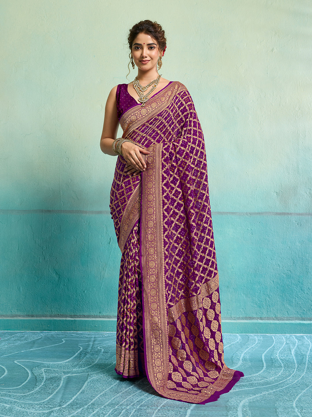 KcPc New Launch Pure Khaddi Georgette Upada Neemzari Bandhej Saree Purple D1